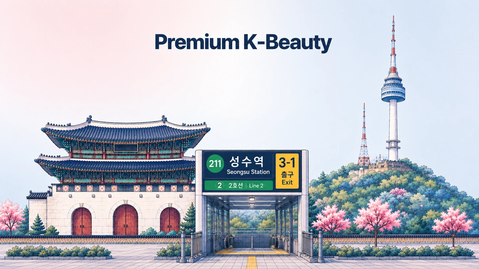Premium K-Beauty with Seongsu Station and Seoul landmarks